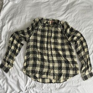 Pilcro Womens Sz M Black White Yellow Checker Button Up Long Sleeved Blouse